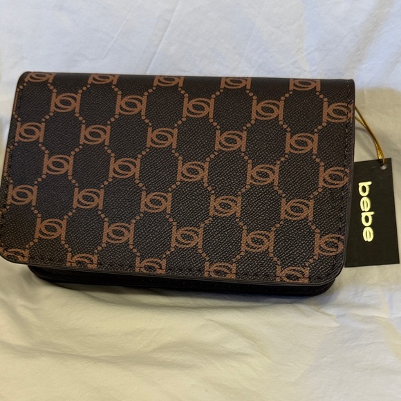 bebe Logo Pattern Crossbody Bag in Brown and Gold - Picture 3 of 7